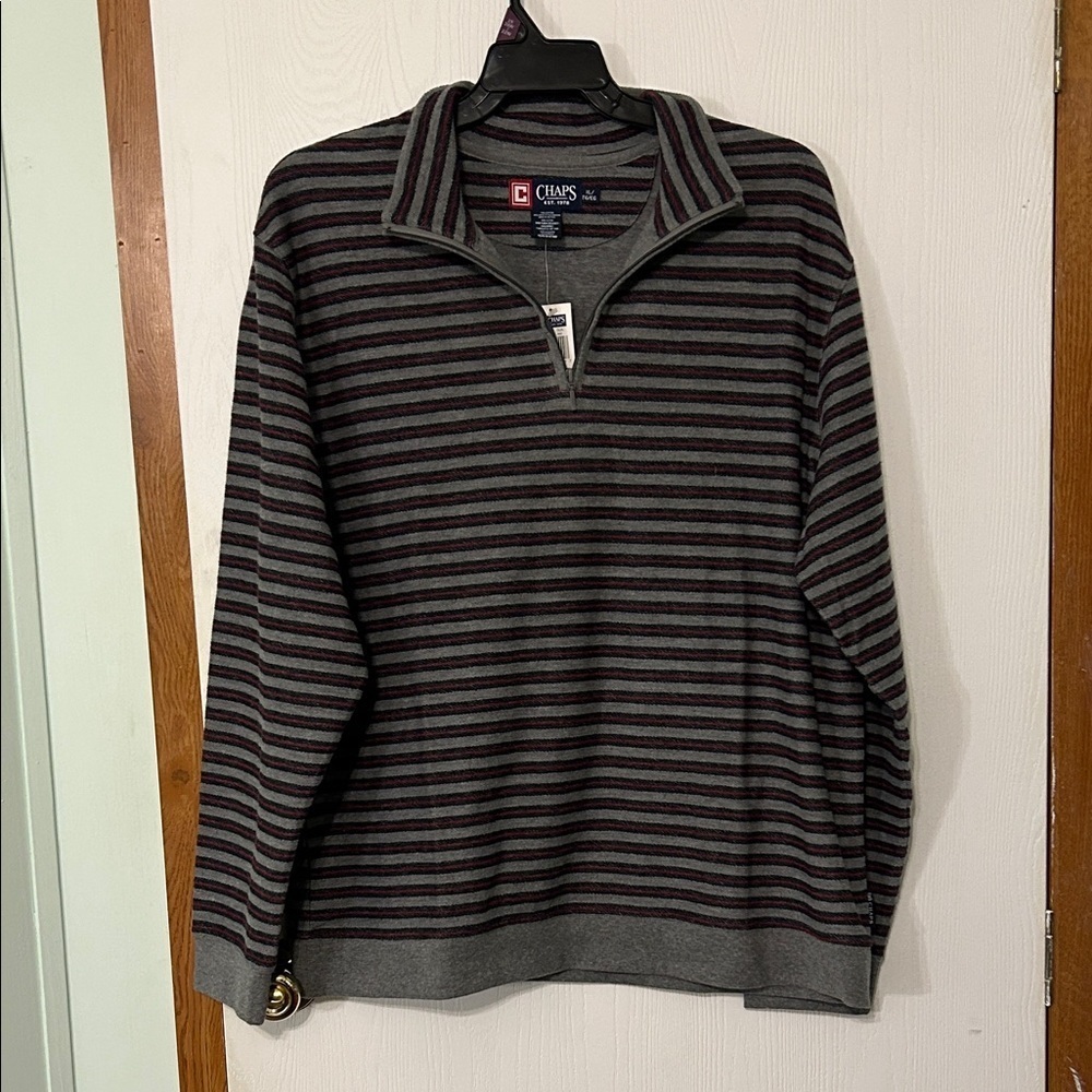 Chaps Men's 1/4 Zip Sweater with Gray, Red, and Navy Stripes Size XL